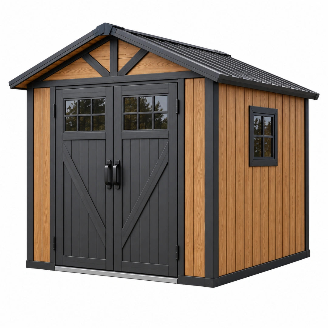Gartenhaus 240 x 180 x 220 cm Holzoptik Braun Anthrazit mit Doppeltür und Satteldach