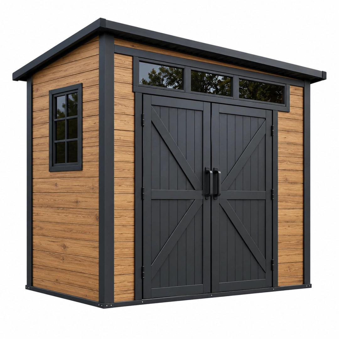 Gartenhaus 200 x 150 x 210 cm Holz Metall Braun Schwarz Gerätehaus mit Doppeltür