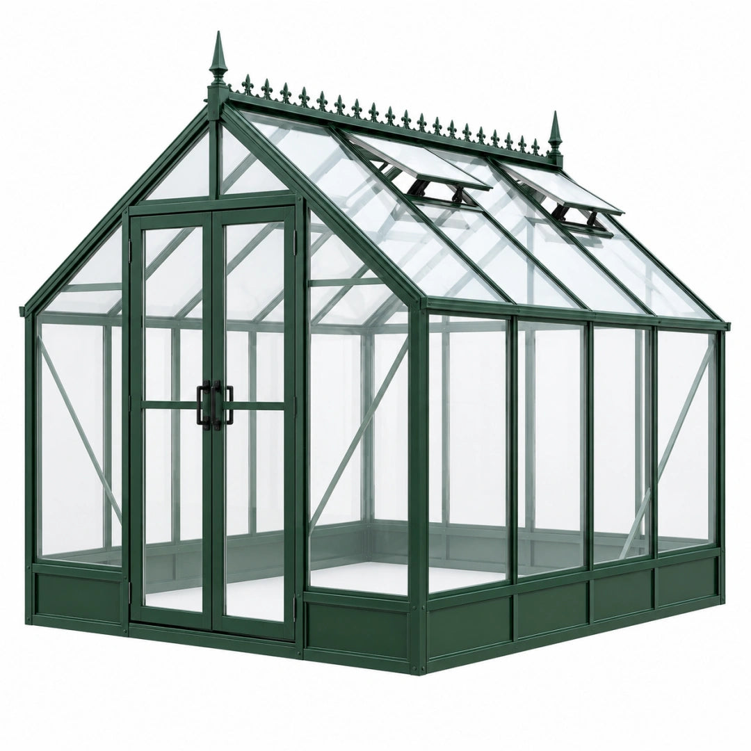 Gartengewächshaus 368 cm 244 cm 290 cm Metall und Glas dunkelgrün mit Doppeltür und Dachfenstern