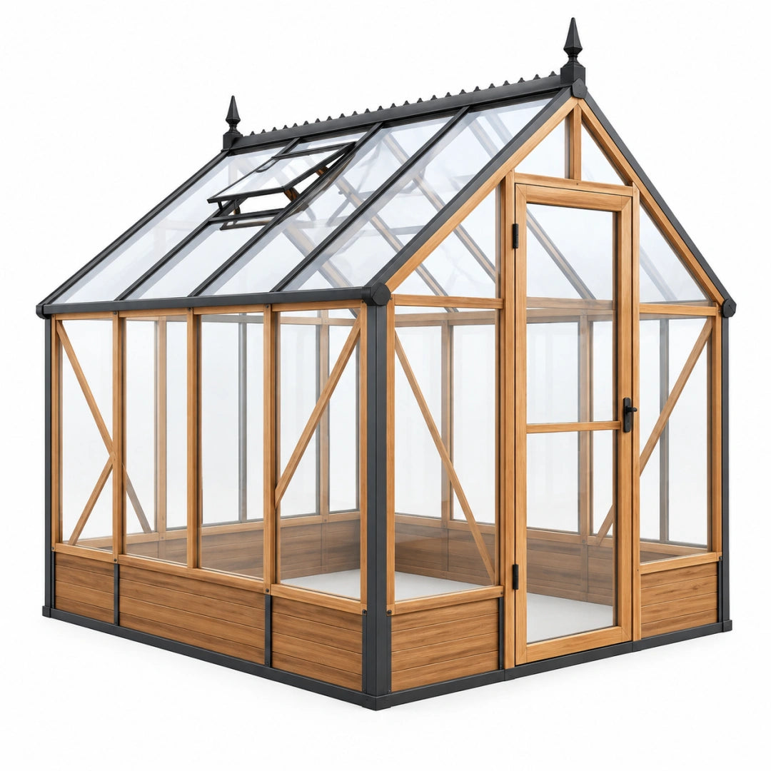 Gewächshaus 300 x 240 x 270 cm Holz Metall Transparent Schwarz mit Tür und Dachfenster