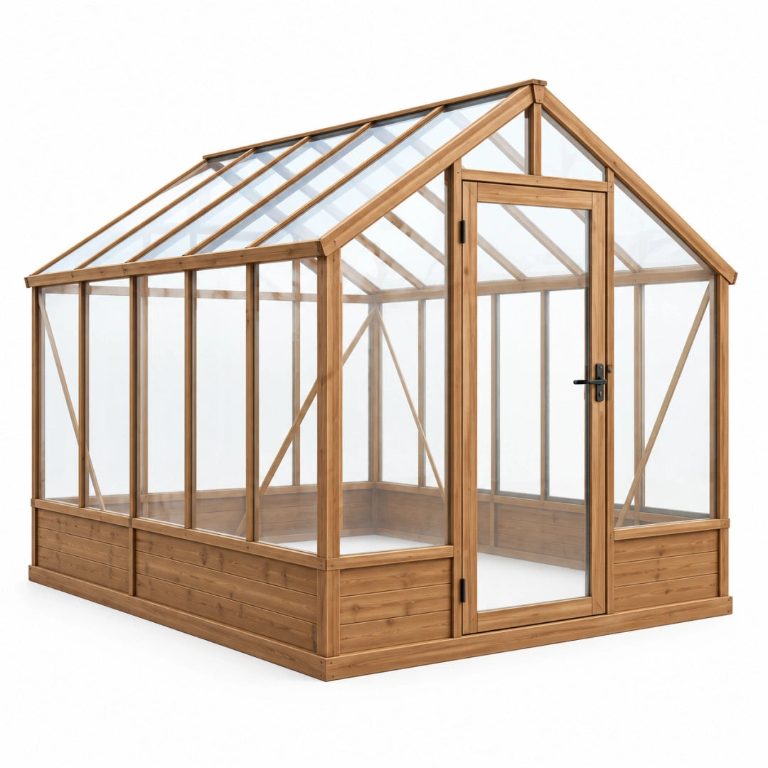 Gewächshaus 240 cm x 180 cm x 230 cm Holz Braun Transparent mit Satteldach und Tür