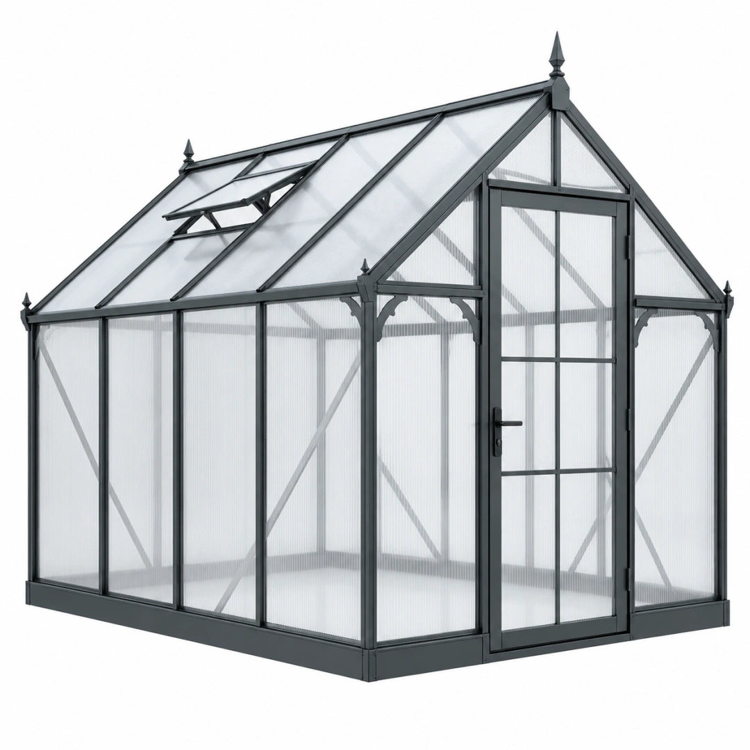 Gewächshaus 190 x 130 x 200 cm Aluminium Anthrazit mit Polycarbonatplatten und Dachfenster