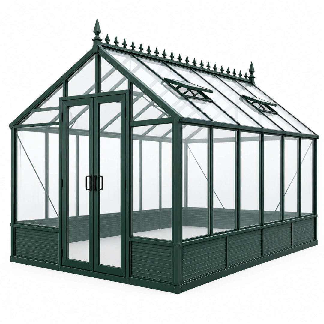 Gewächshaus 300 x 240 x 250 cm Aluminium Dunkelgrün für Garten mit Dachfenstern