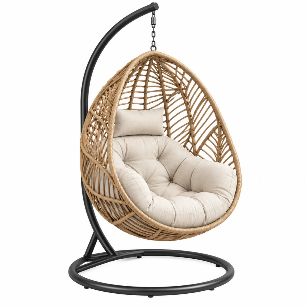 Hängesessel 105 x 105 x 195 cm aus Polyrattan Natur mit Stahlgestell Schwarz für Innenbereich