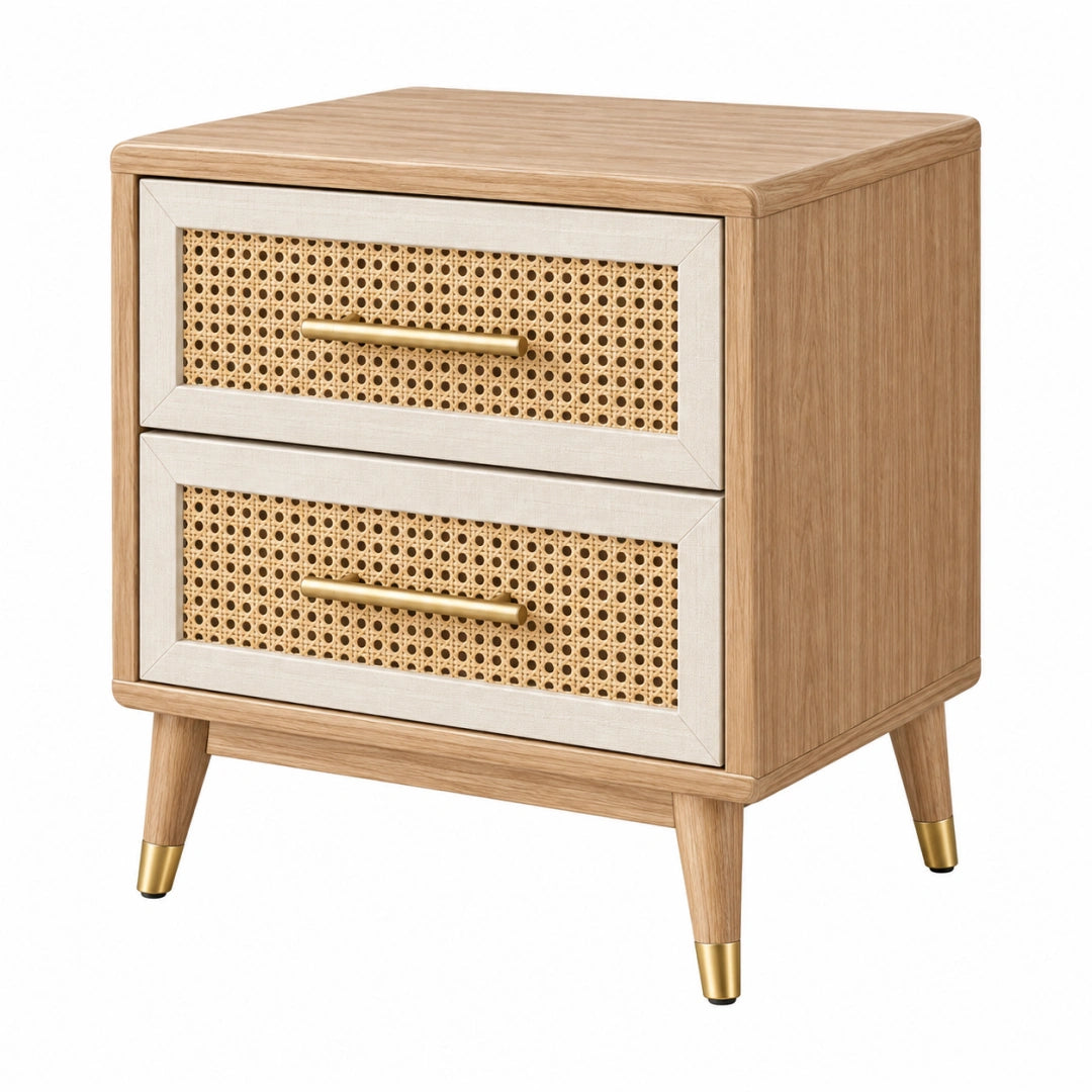 Nachtkommode 50 x 40 x 60 cm Holzoptik mit Rattangeflecht und 2 Schubladen