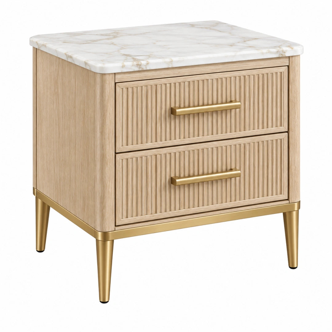 Nachttisch 50 x 45 x 60 cm in Naturholz Weiß Gold mit 2 Schubladen und Marmoroptik