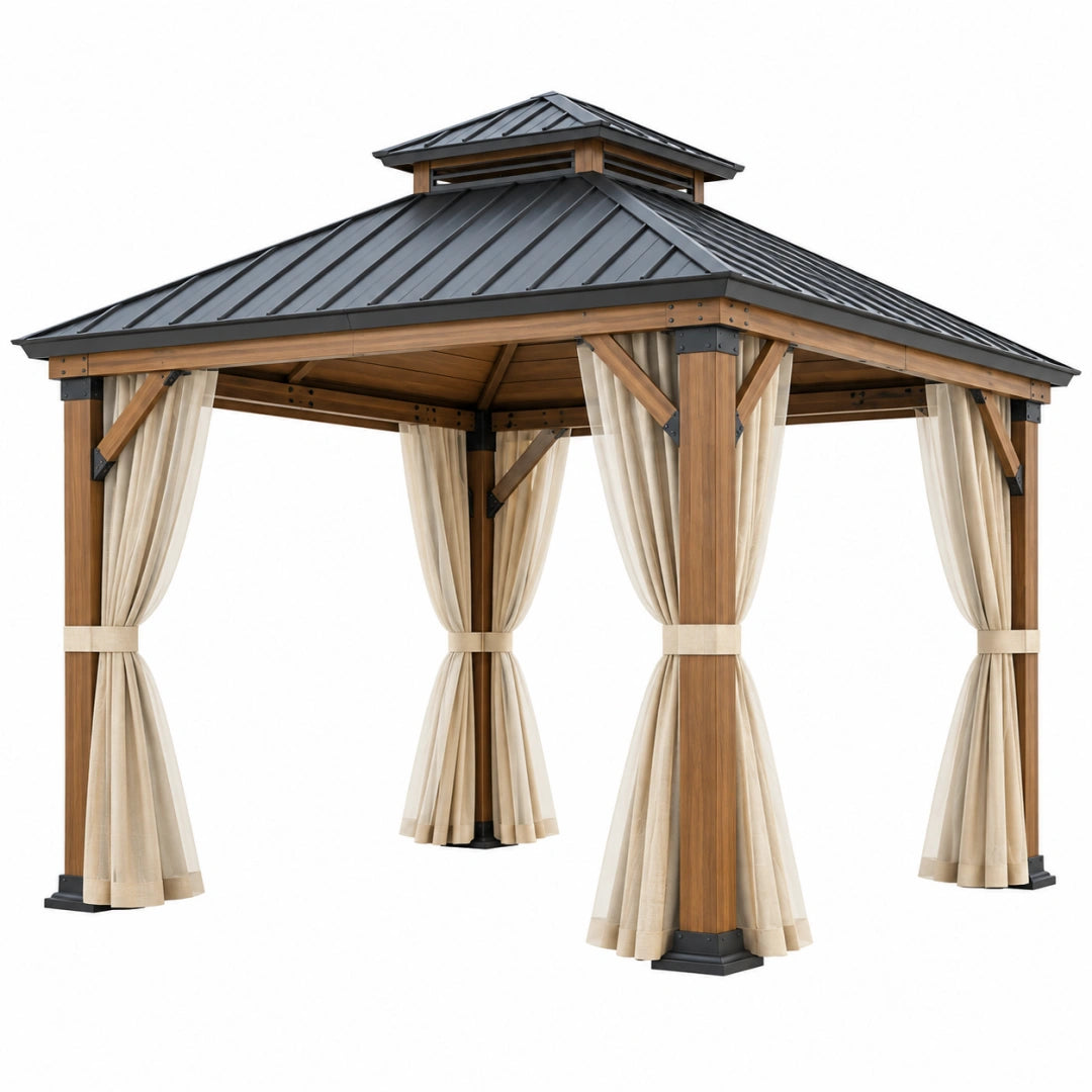 Gartenpavillon 400x400 cm Holz Metall mit Vorhängen Klassisch