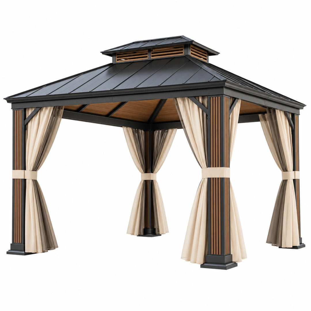 Pavillon 300 x 300 cm aus Metall in Schwarz Beige mit Vorhängen für den Garten