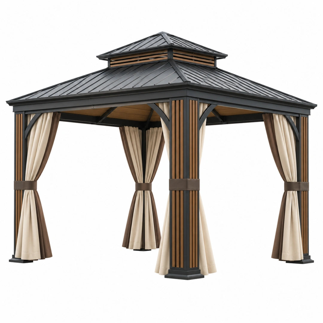 Gartenpavillon 300 x 300 x 300 cm aus Metall in Schwarz Braun mit Vorhängen und Dachbelüftung