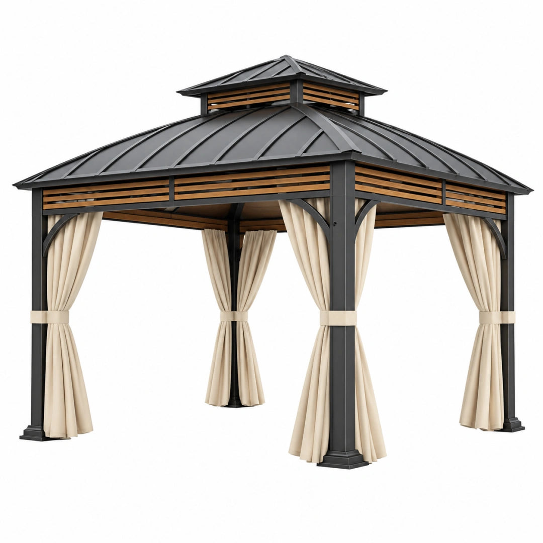 Gartenpavillon 300 x 300 cm aus Stahl mit Metalldach und Vorhängen Schwarz Braun Creme