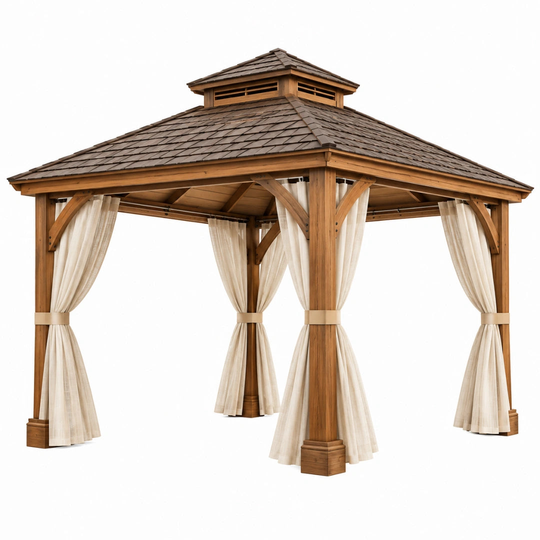 Gartenpavillon 300 x 300 x 320 cm Holz Braun mit Vorhängen Klassisch