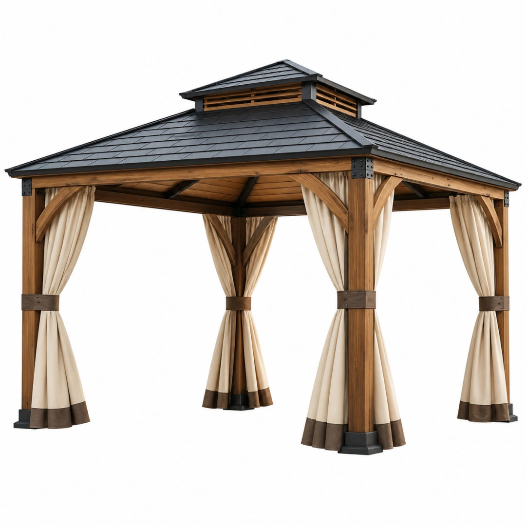Gartenpavillon 300 x 300 cm Holz Braun Schwarz mit Vorhängen im klassischen Stil