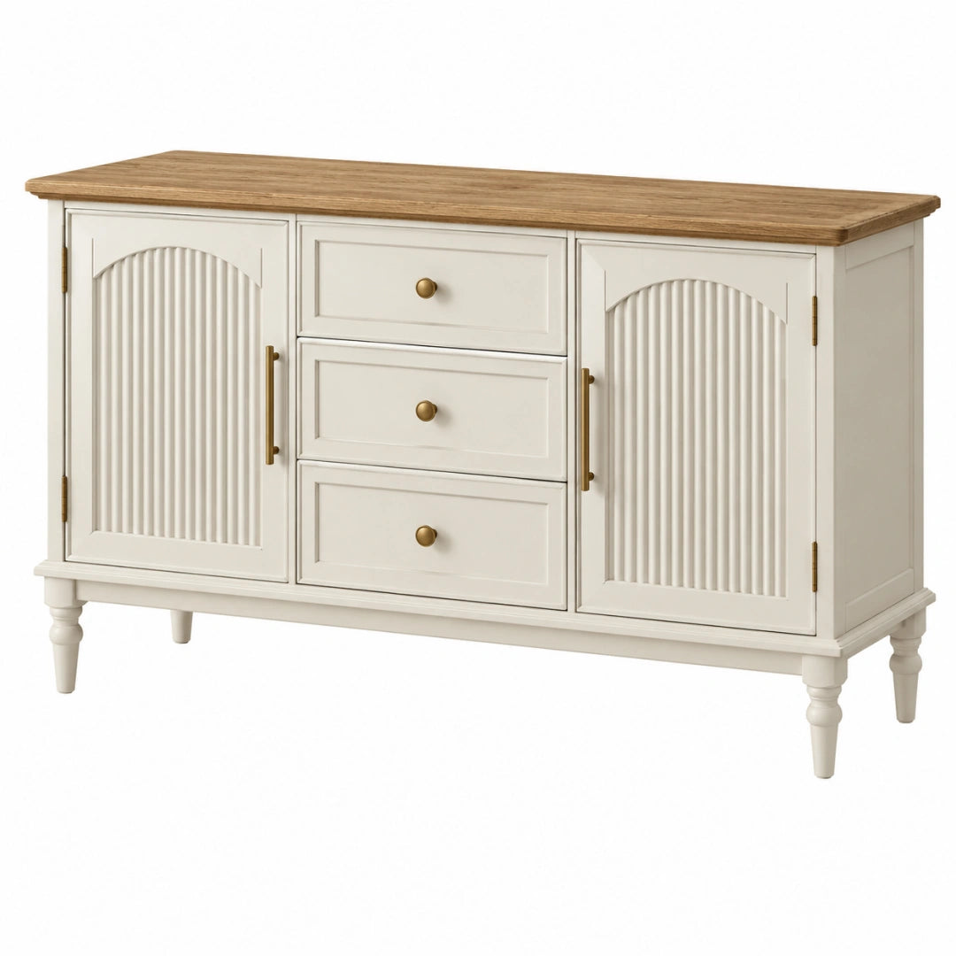 Sideboard 150 x 40 x 85 cm Holzwerkstoff Weiß Natur mit 3 Schubladen und 2 Türen