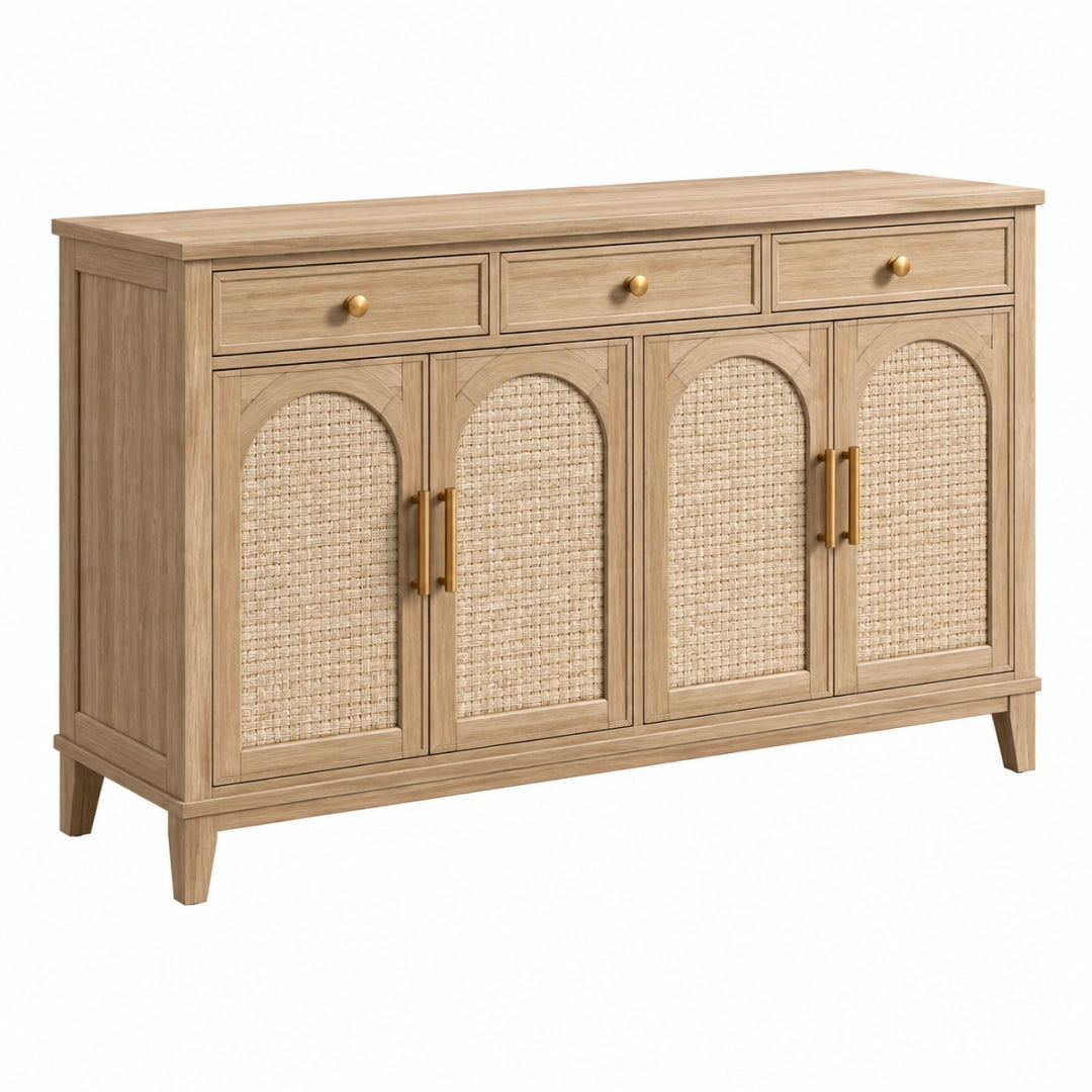 Sideboard 160 cm Holz Natur mit Rattangeflecht und 3 Schubladen