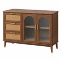 Sideboard 120 x 40 x 85 cm in Walnussbraun mit Holz Rattan und Riffelglas - Stauraummöbel im Retro-Stil