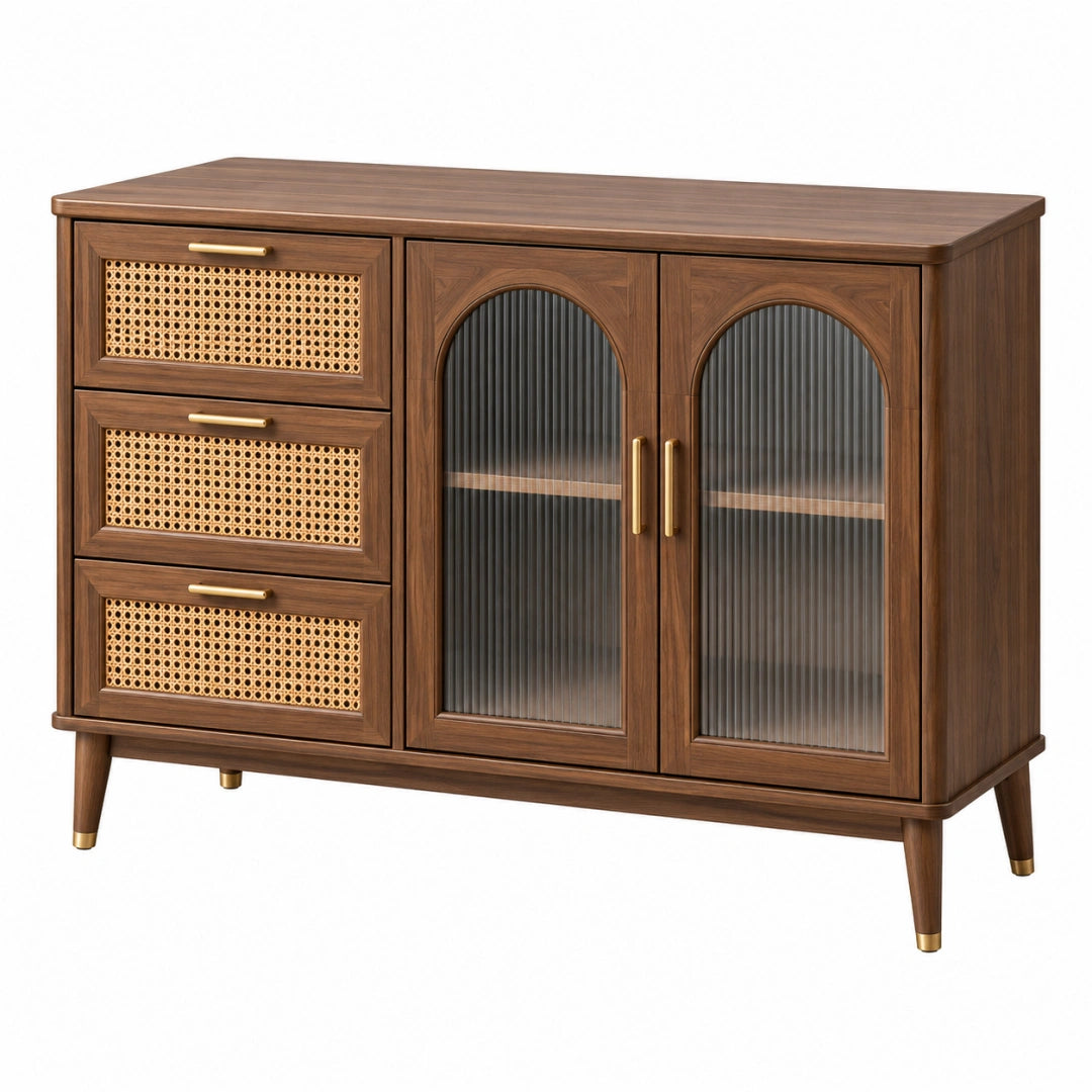 Sideboard 120 x 40 x 85 cm in Walnussbraun mit Holz Rattan und Riffelglas - Stauraummöbel im Retro-Stil