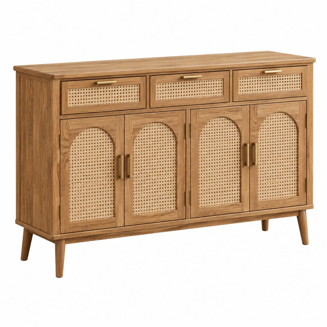 Sideboard 160 x 45 x 90 cm aus Holz mit Rattangeflecht braun mit Schubladen im Naturstil