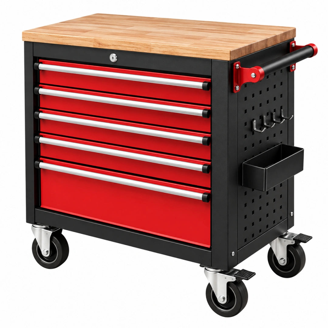 Werkzeugwagen 76 x 46 x 92 cm aus Stahl und Holz Rot Schwarz fahrbar mit 6 Schubladen