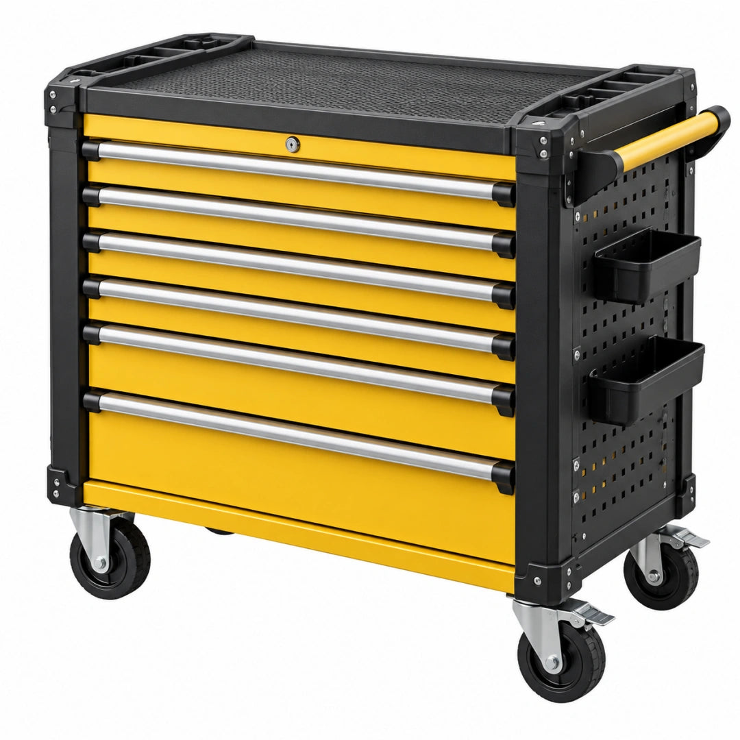 Werkzeugwagen 78 x 46 x 97 cm aus Stahl gelb schwarz mit 7 Schubladen und Rollen