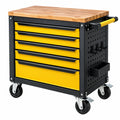 Werkstattwagen 77 x 46 x 95 cm aus Stahl gelb schwarz mit Holzarbeitsplatte mobiler Werkzeugschrank