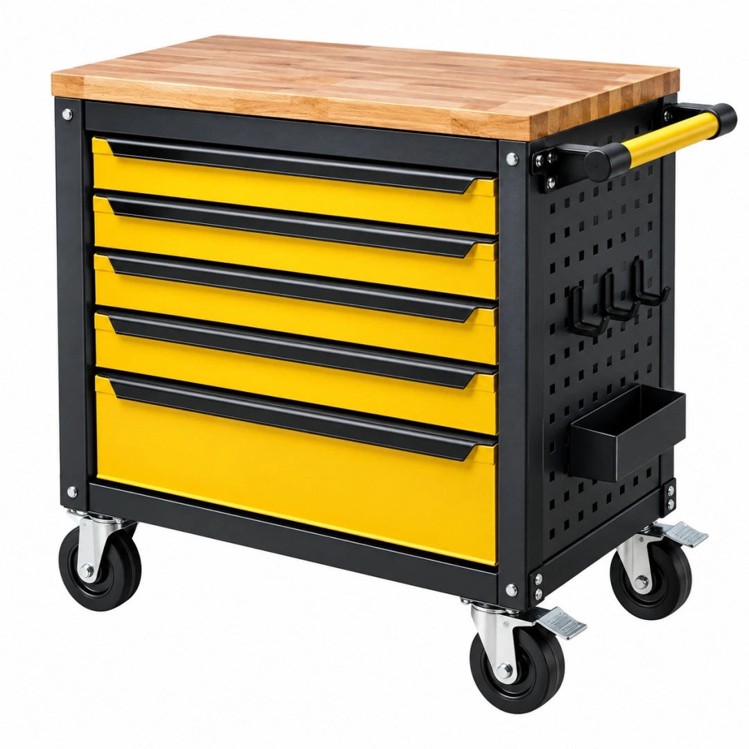 Werkstattwagen 77 x 46 x 95 cm aus Stahl gelb schwarz mit Holzarbeitsplatte mobiler Werkzeugschrank