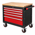 Werkzeugwagen 77 x 46 x 97 cm aus Stahl und Holz Rot Schwarz mit 6 Schubladen fahrbar