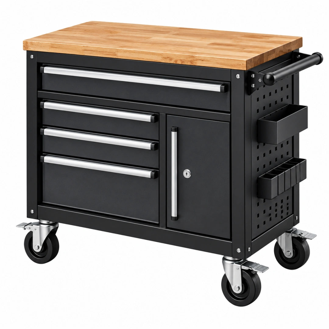 Werkzeugwagen 90 x 50 x 90 cm aus Stahl und Holz Schwarz Natur mit Schubladen