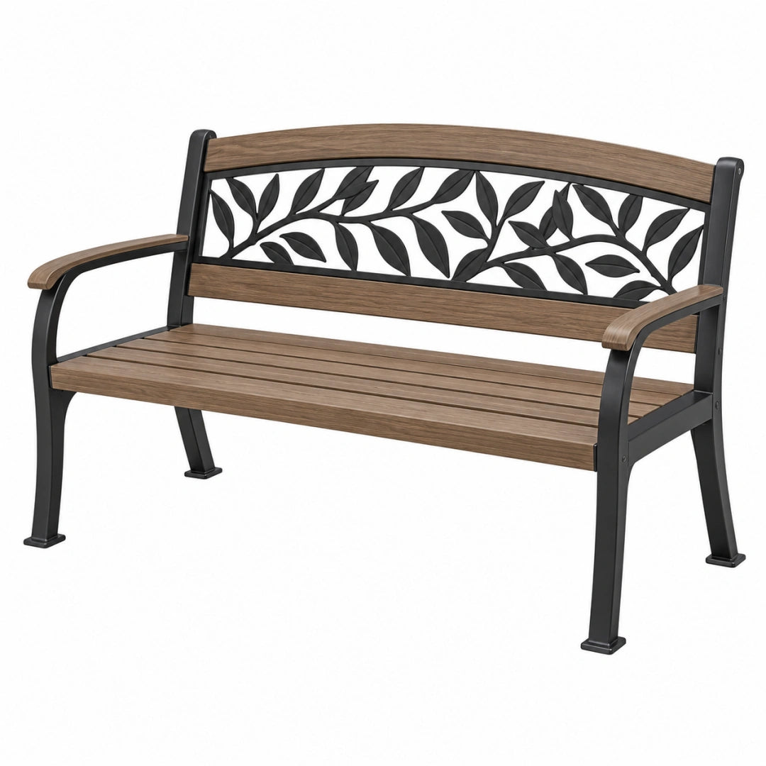 Gartenbank 122 cm Metall Holzoptik Braun Schwarz mit Blattmuster modern