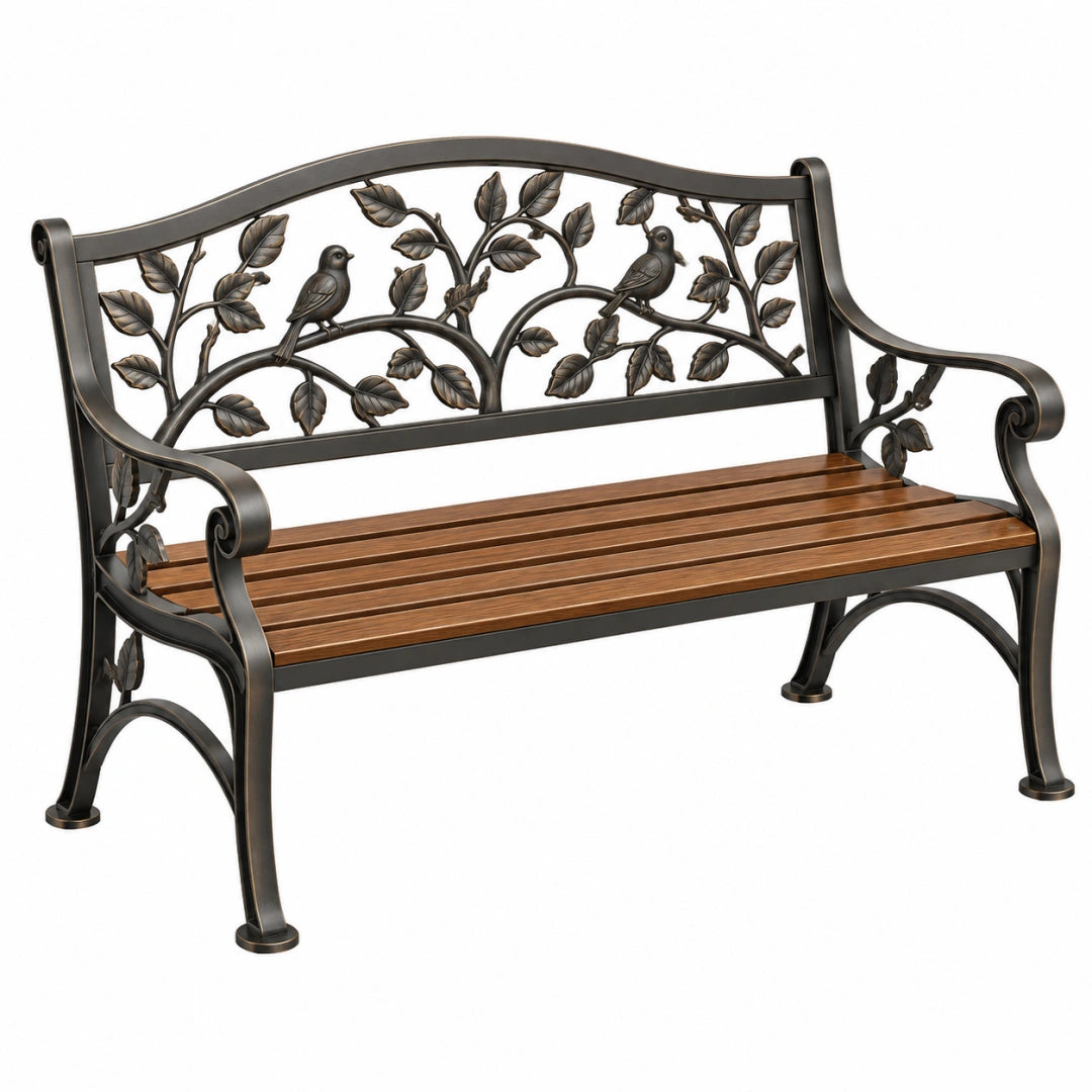 Gartenbank 127 x 61 x 91 cm aus Metall und Holz in Schwarz Braun mit Vogelmotiv
