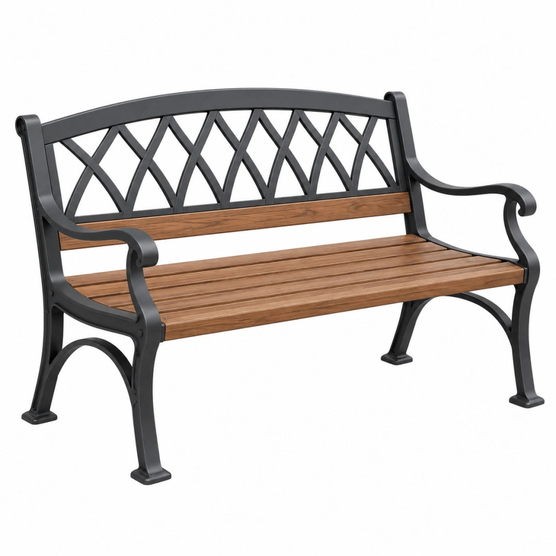 Gartenbank 122 cm Holz Metall Braun Schwarz klassisch mit Armlehnen