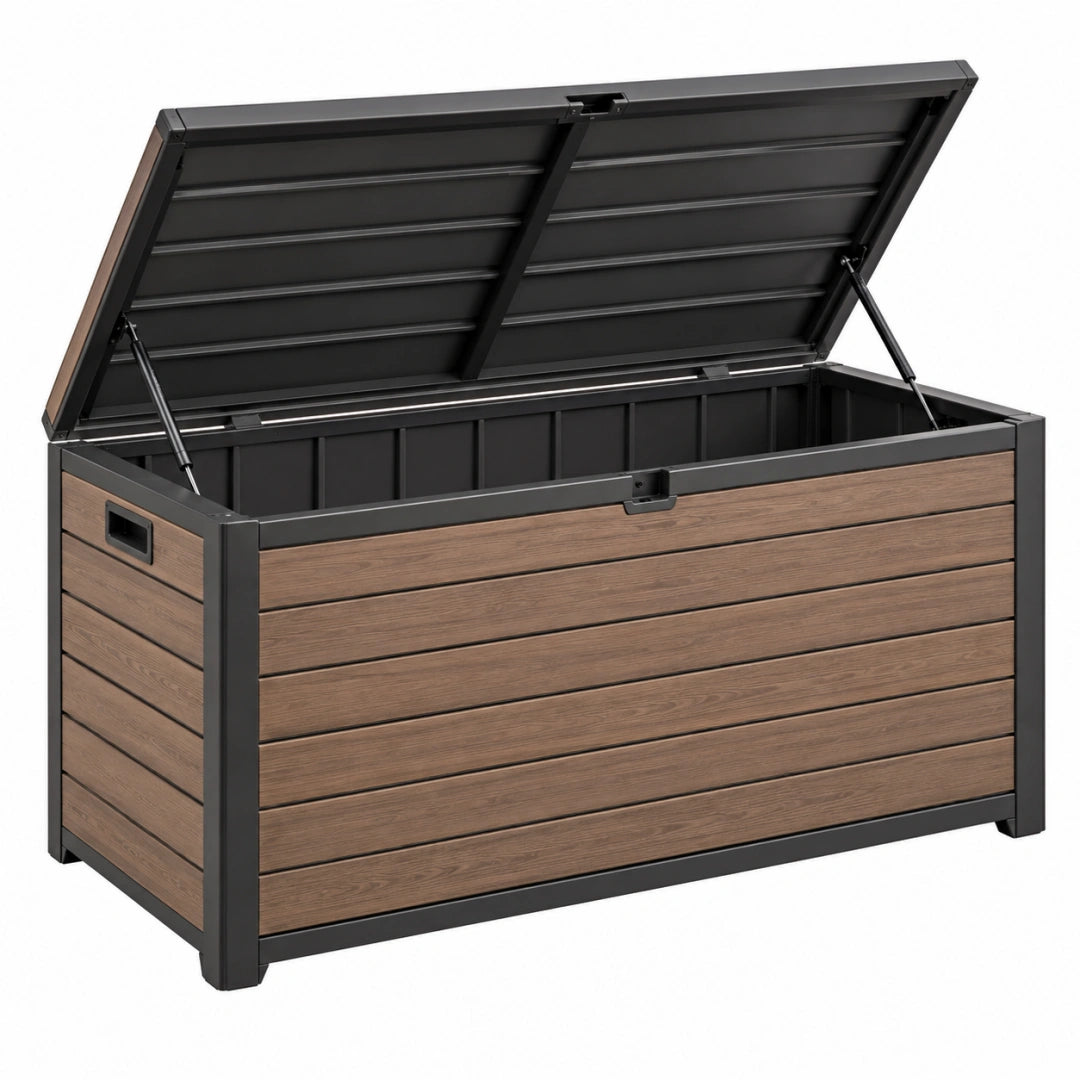 Aufbewahrungsbox 130 x 65 x 63 cm Stahl Kunststoff Braun Schwarz mit Klappdeckel für den Außenbereich