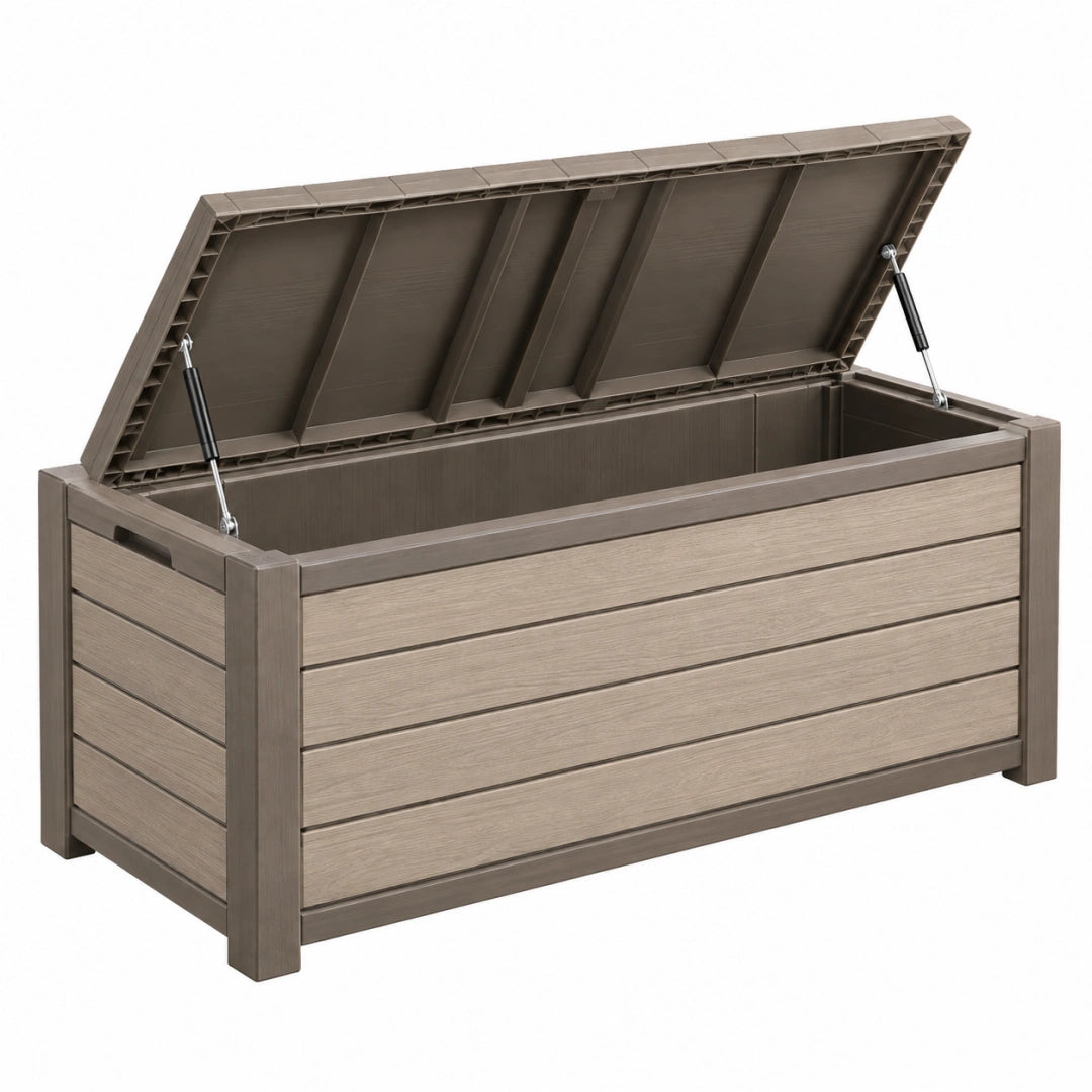 Auflagenbox 120 x 56 x 63 cm Kunststoff Taupe für Garten mit Klappdeckel