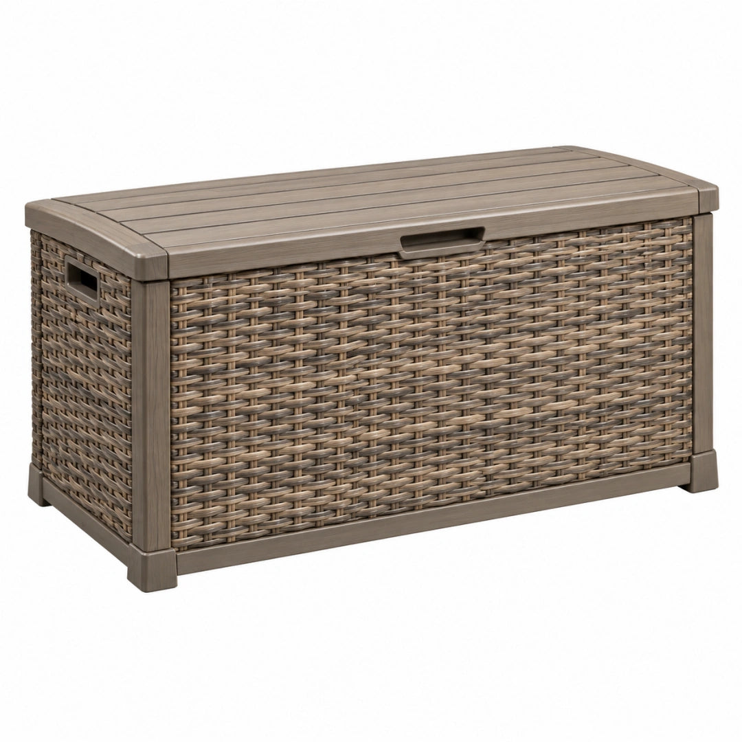 Auflagenbox 120 x 60 x 65 cm Kunststoffgeflecht Taupe mit Klappdeckel für Garten